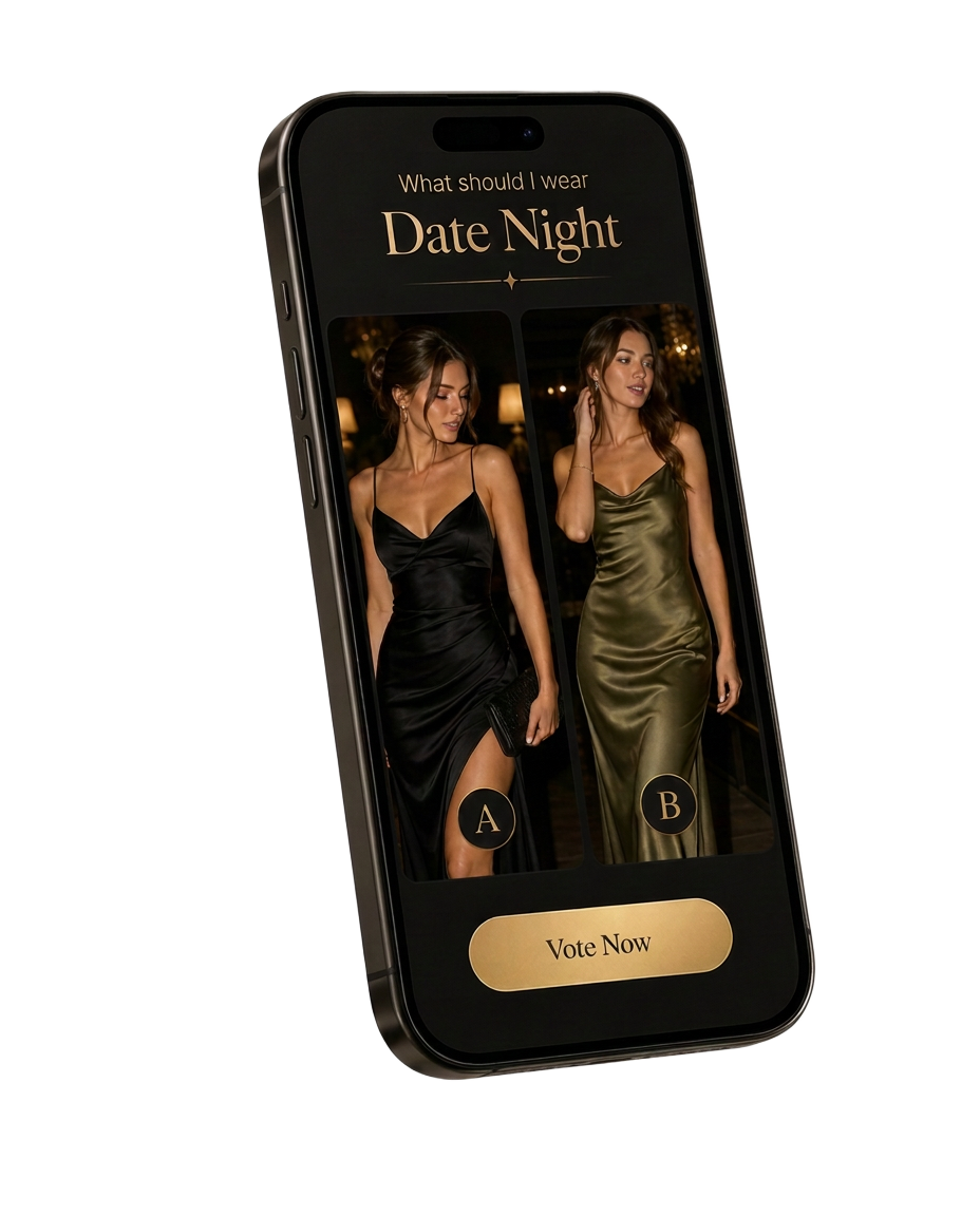 The Wear or Not app asking “What should I wear — Date Night?” with two outfit options labelled A and B and a Vote Now button.